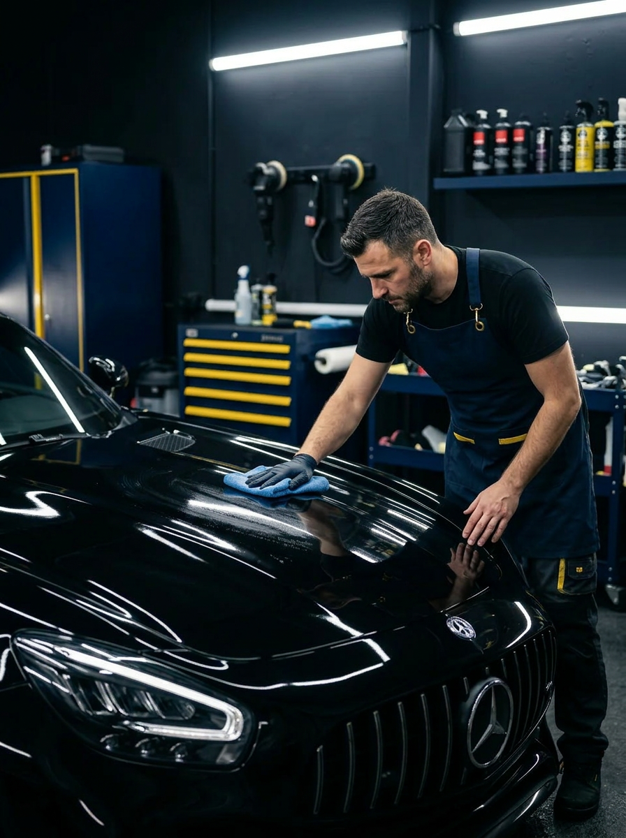 Professional detailer hand-polishing a luxury car