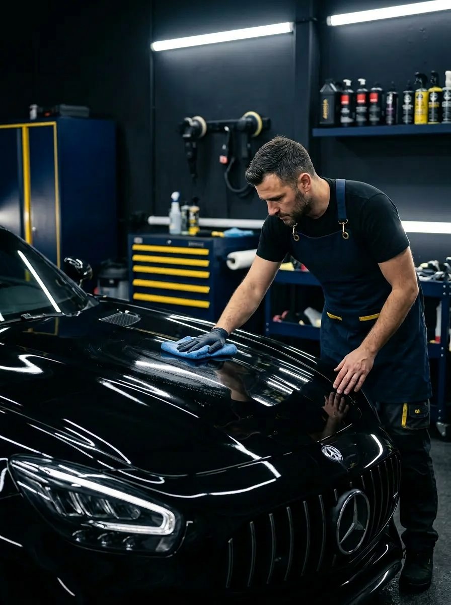 Detailer hand-polishing a luxury vehicle
