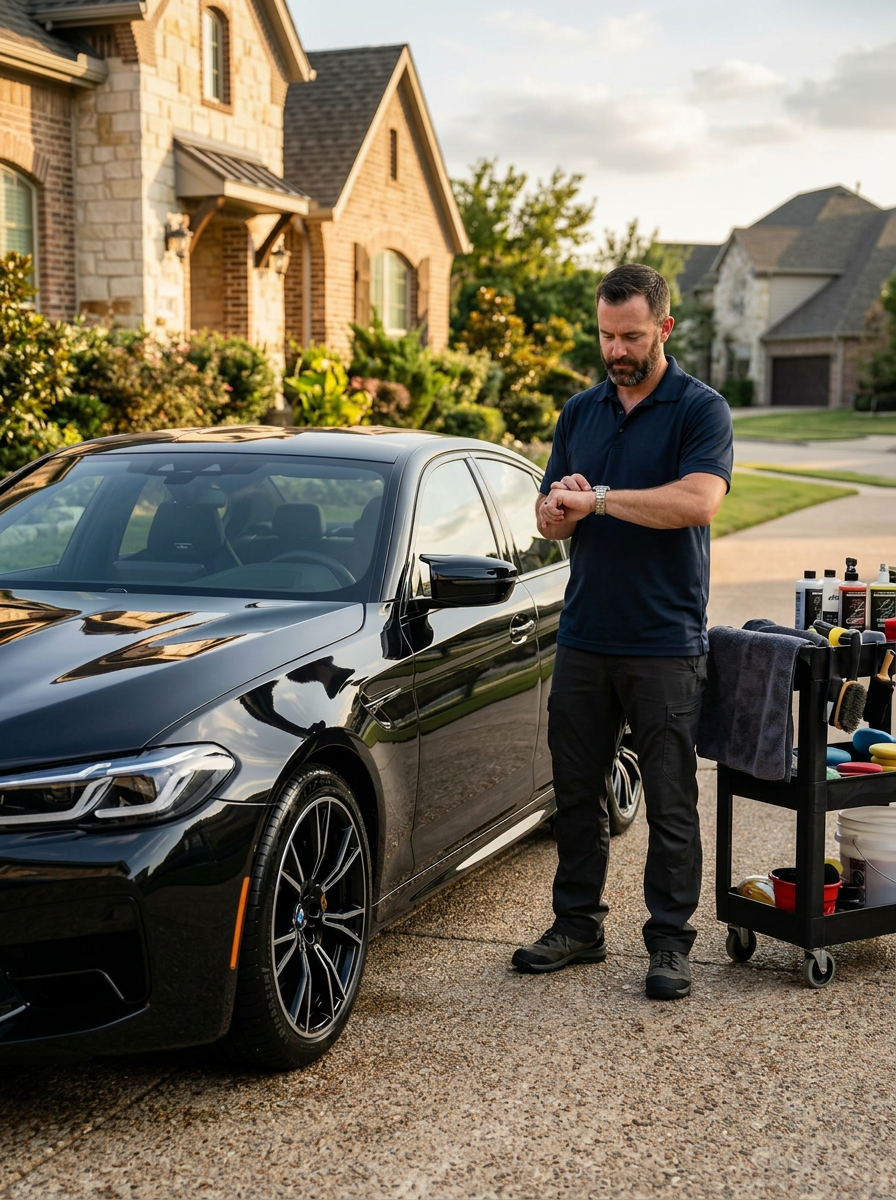 Detailer checking watch beside detailed sedan